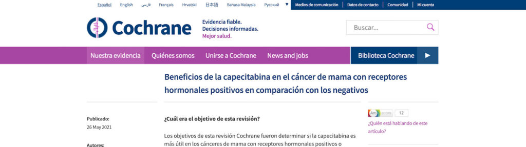estudio publicado en Mayo de 2021 por la organización Cochrane sobre la Capecitabina
